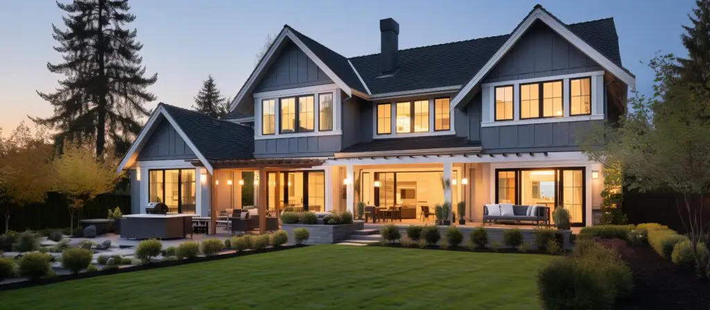 luxury home with black roofing system at dusk