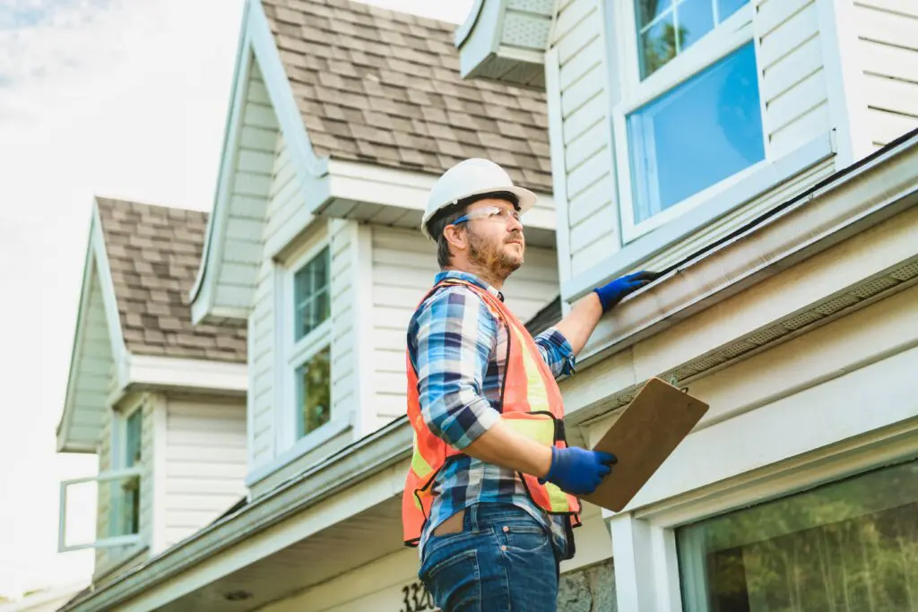 roofing and siding contractor inspecting residential siding on home exterior